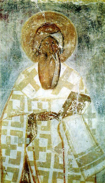 Феофан Грек. Святитель Анфим Никомидийский. Фреска на арке дьяконника в церкви Спаса Преображения. XIV в. Новгород Великий